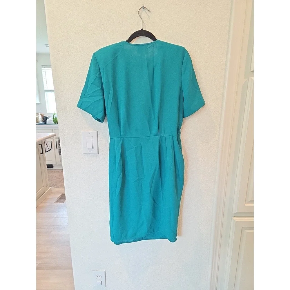 VTG 90's Wrap Dress Shoulder Pads Sz 12 Side Tie "Tess Dress" Green Knee Length - Picture 6 of 6